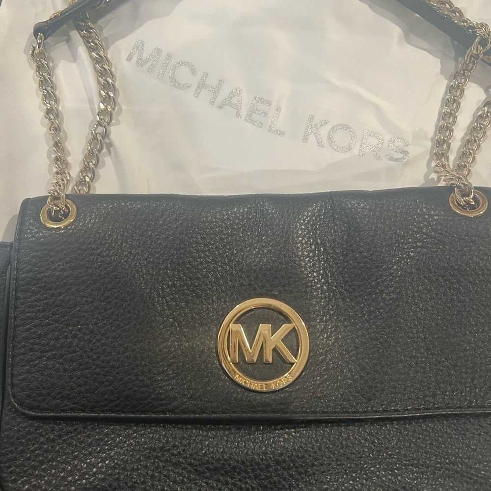 Michael Kors Black Pebbled Leather Shoulder Bag with Gold Logo